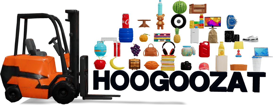 A forklift carrying the Hoogoozat wordmark and a hill of inventory